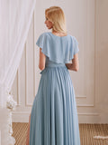 V-Neck Short Sleeves Ruffle Side Slit Long Bridesmaid Dress With Bow