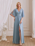 A-Line V-Neck Half Sleeves Pleated Chiffon Side Slit Bridesmaid Dresses