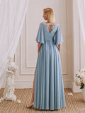 A-Line V-Neck Half Sleeves Pleated Chiffon Side Slit Bridesmaid Dresses