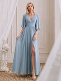 A-Line V-Neck Half Sleeves Pleated Chiffon Side Slit Bridesmaid Dresses