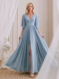 A-Line V-Neck Half Sleeves Pleated Chiffon Side Slit Bridesmaid Dresses