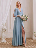 A-Line V-Neck Half Sleeves Pleated Chiffon Side Slit Bridesmaid Dresses