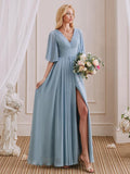 A-Line V-Neck Half Sleeves Pleated Chiffon Side Slit Bridesmaid Dresses