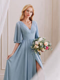 A-Line V-Neck Half Sleeves Pleated Chiffon Side Slit Bridesmaid Dresses