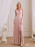 V-Neck Spaghetti Straps Chiffon Long Bridesmaid Dresses