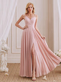 V-Neck Spaghetti Straps Chiffon Long Bridesmaid Dresses
