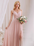 V-Neck Spaghetti Straps Chiffon Long Bridesmaid Dresses