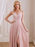 V-Neck Spaghetti Straps Chiffon Long Bridesmaid Dresses