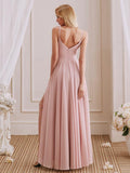 V-Neck Spaghetti Straps Chiffon Long Bridesmaid Dresses