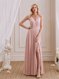A-Line V-Neck Spaghetti Straps Pleated Floor-Length Bridesmaid Dress With Slit