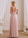 A-Line V-Neck Spaghetti Straps Pleated Floor-Length Bridesmaid Dress With Slit