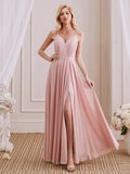 A-Line V-Neck Spaghetti Straps Pleated Floor-Length Bridesmaid Dress With Slit