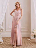 A-Line V-Neck Spaghetti Straps Pleated Floor-Length Bridesmaid Dress With Slit