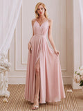 A-Line V-Neck Spaghetti Straps Pleated Floor-Length Bridesmaid Dress With Slit