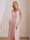 A-Line V-Neck Spaghetti Straps Pleated Floor-Length Bridesmaid Dress With Slit
