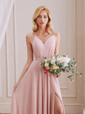 A-Line V-Neck Spaghetti Straps Pleated Floor-Length Bridesmaid Dress With Slit