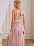 A-Line V-Neck Spaghetti Straps Pleated Floor-Length Bridesmaid Dress With Slit