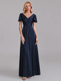 Newest A-Line V-Neck Short Sleeves Pleated Floor-Length Bridesmaid Dresses