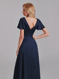 Newest A-Line V-Neck Short Sleeves Pleated Floor-Length Bridesmaid Dresses