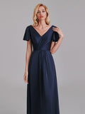 Newest A-Line V-Neck Short Sleeves Pleated Floor-Length Bridesmaid Dresses