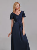 Newest A-Line V-Neck Short Sleeves Pleated Floor-Length Bridesmaid Dresses