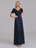 Newest A-Line V-Neck Short Sleeves Pleated Floor-Length Bridesmaid Dresses