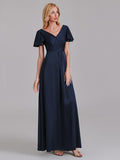 Newest A-Line V-Neck Short Sleeves Pleated Floor-Length Bridesmaid Dresses