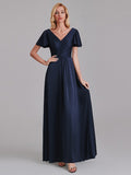 Newest A-Line V-Neck Short Sleeves Pleated Floor-Length Bridesmaid Dresses