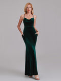 Sexy Cowl Halter Mermaid Velvet Long Bridesmaid Dresses With Crisscross Back