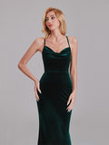 Sexy Cowl Halter Mermaid Velvet Long Bridesmaid Dresses With Crisscross Back