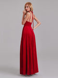 Exquisite A-Line V-Neck Straps Red Velvet Side Slit Floor-Length Bridesmaid Dresses