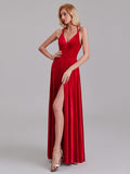 Exquisite A-Line V-Neck Straps Red Velvet Side Slit Floor-Length Bridesmaid Dresses