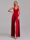 Exquisite A-Line V-Neck Straps Red Velvet Side Slit Floor-Length Bridesmaid Dresses