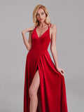 Exquisite A-Line V-Neck Straps Red Velvet Side Slit Floor-Length Bridesmaid Dresses