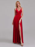 Exquisite A-Line V-Neck Straps Red Velvet Side Slit Floor-Length Bridesmaid Dresses