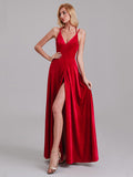 Exquisite A-Line V-Neck Straps Red Velvet Side Slit Floor-Length Bridesmaid Dresses