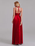 Exquisite A-Line V-Neck Straps Red Velvet Side Slit Floor-Length Bridesmaid Dresses