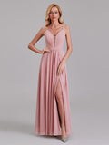 Charming A-Line V-Neck Spaghetti Straps Long Bridesmaid Dress With Slit