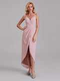 Sheath V-Neck Spaghetti Straps Chiffon Anckle Length Bridesmaid Dresses With Slit