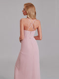 Sheath V-Neck Spaghetti Straps Chiffon Anckle Length Bridesmaid Dresses With Slit