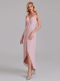 Sheath V-Neck Spaghetti Straps Chiffon Anckle Length Bridesmaid Dresses With Slit