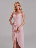 Sheath V-Neck Spaghetti Straps Chiffon Anckle Length Bridesmaid Dresses With Slit