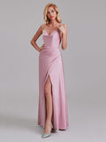 New Arrival Sheath Spaghetti Straps Long Bridesmaid Dress With Slit