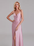 New Arrival Sheath Spaghetti Straps Long Bridesmaid Dress With Slit