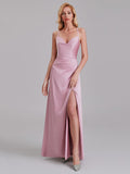 New Arrival Sheath Spaghetti Straps Long Bridesmaid Dress With Slit