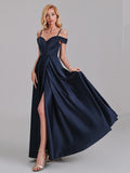 A-Line Spaghetti Straps Off The Shoulder Bridesmaid Dresses With Slit