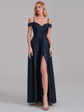 A-Line Spaghetti Straps Off The Shoulder Bridesmaid Dresses With Slit