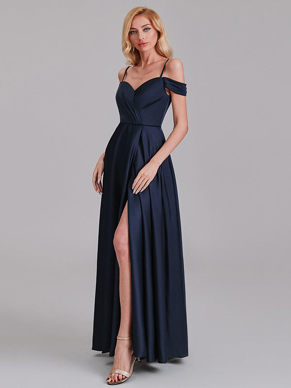A-Line Spaghetti Straps Off The Shoulder Bridesmaid Dresses With Slit