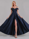 A-Line Spaghetti Straps Off The Shoulder Bridesmaid Dresses With Slit