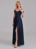 A-Line Spaghetti Straps Off The Shoulder Bridesmaid Dresses With Slit